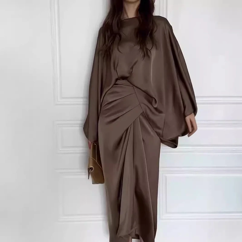 Elegantné ženy zviazané pása saténové šaty Príležitostné ženské O-krk zahalené dlhé šaty vintage masívne farebné pálky s rukávmi šaty rukávy
