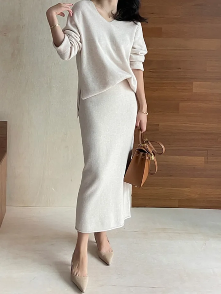 Elegantný módny pletený oblečenie Ženy Jacquard Tops 2025 Jeseň Simple Temperament High Pase Slim Bodycon Dress Dvojdielny oblek