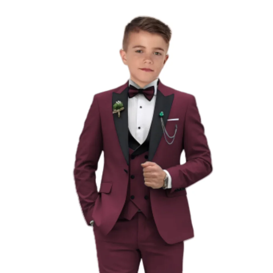 Elegantný oblek Burgundsky Boy's Suit na svadbu, 3 kusové obleky set eLagent smoking sady blazer vesty