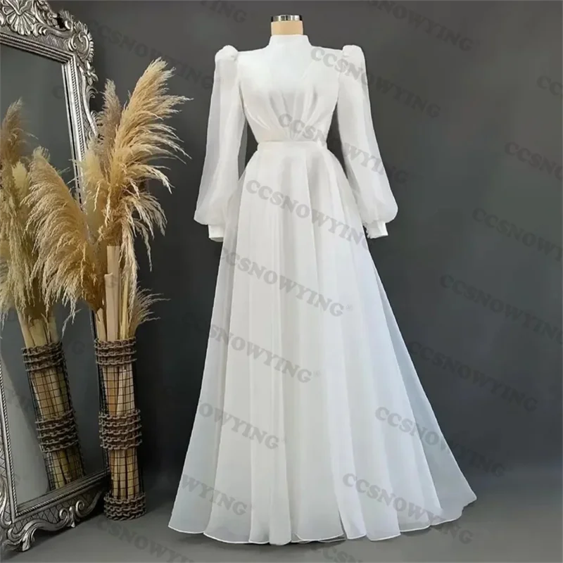 Elegantný organza vysoký krk svadobné šaty pre nevestu s dlhým rukávom Islamské svadobné šaty Arabský dubaj Vestidos de novia