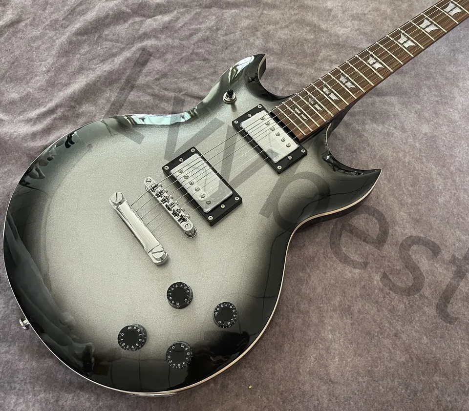 Elektrická gitara 6 struny Chrómové diely strieborné centrum čierna hrana Burst HH Cover Pickups No Pickguard Doprava zdarma