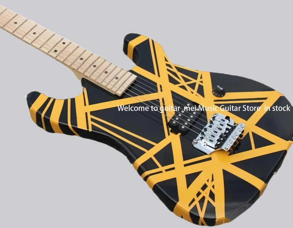 Elektrická gitara OEM, čierna a žltá séria pruhov H gitara, javorový hmatník, most Floydrose Tremolo