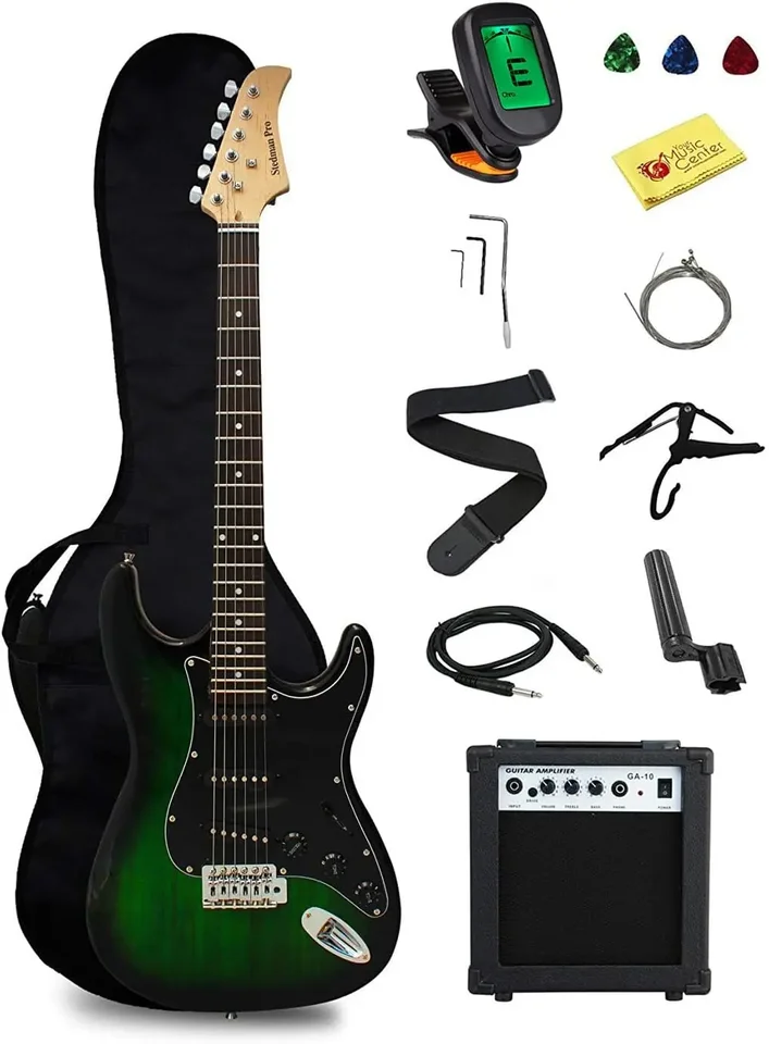 Elektrická gitara pre začiatočníkov s puzdrom, popruhom, káblom, CAPO, Picks, Electronic Tuner, String Winder a poľský
