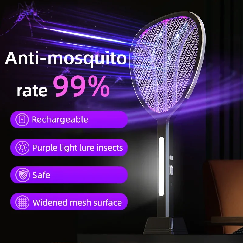 Elektrická raketa proti komárom USB nabíjateľná muška a raketa zabijáka hmyzu s hmyzom Swatter Swatter so základňou Killer Light 2-In-1