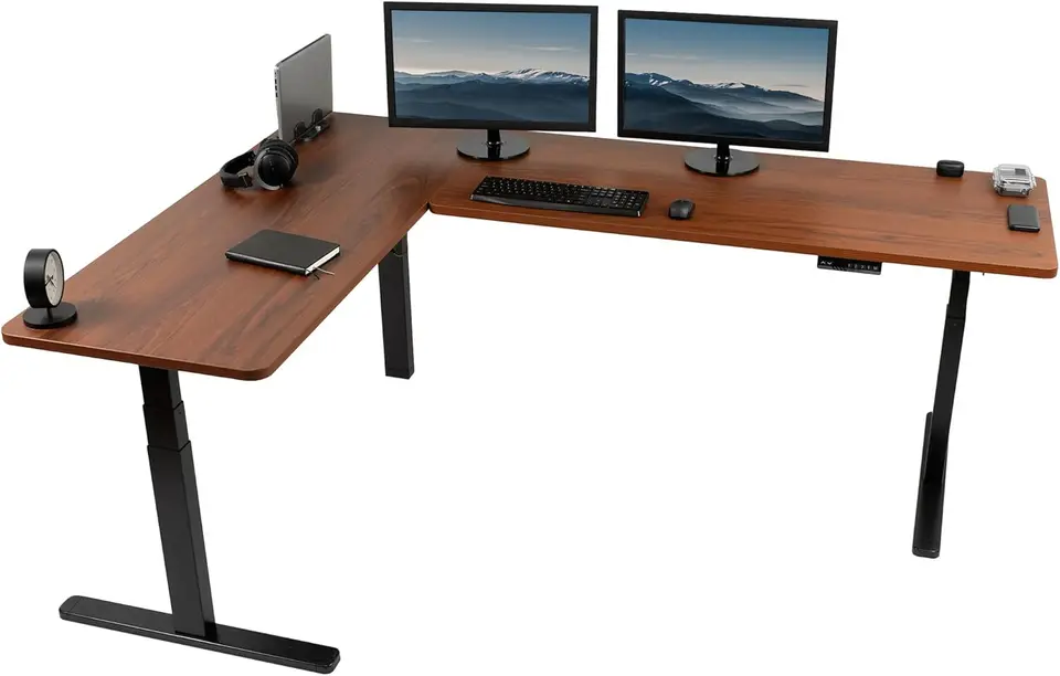 Elektrická výška nastaviteľná 83 x 60 palcových rohových rohových stôl 2 Tmavá orechová masívna stolová stola Tops Čierny rám