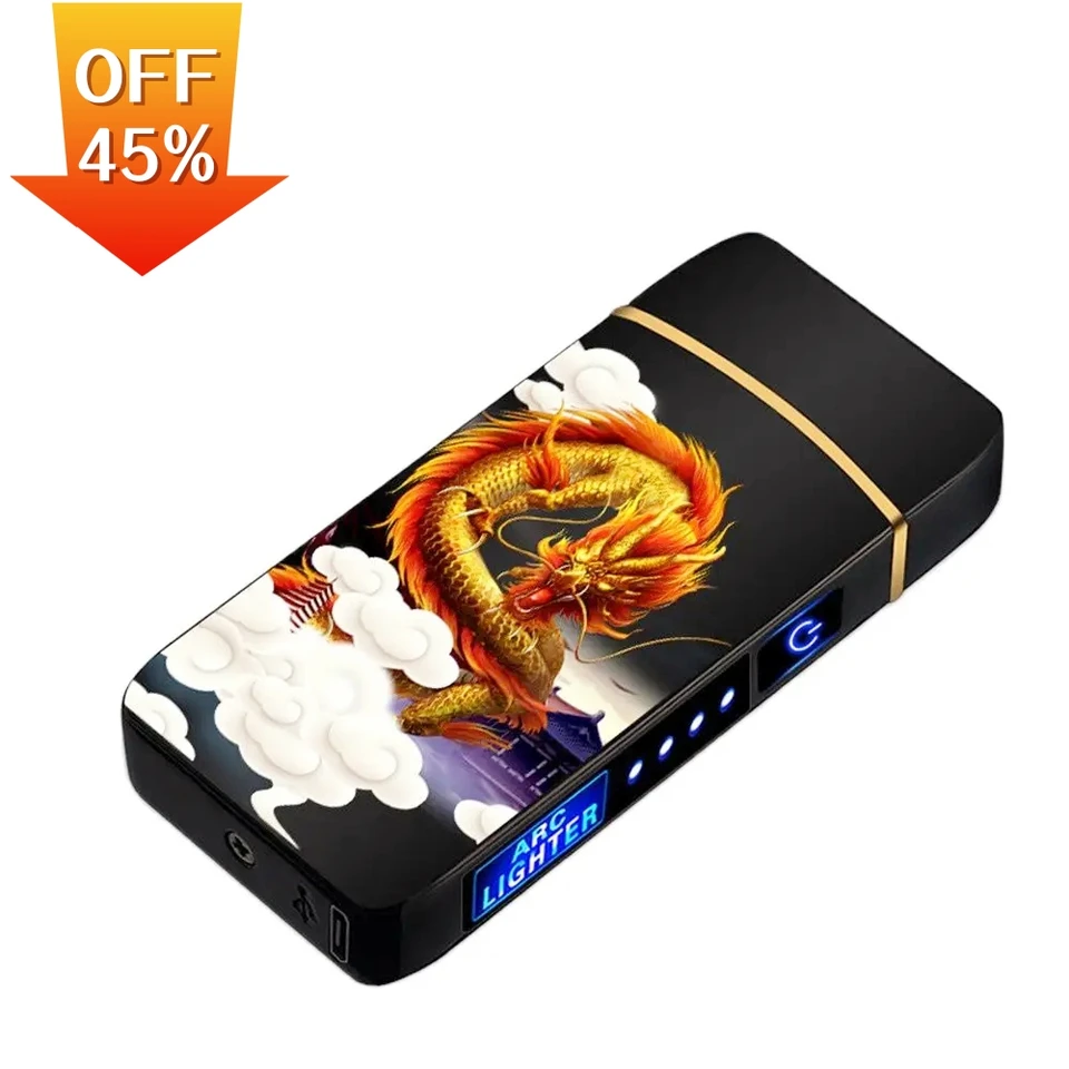 Elektrický kovový dvojitý oblúk Zapaľovač USB Windproof bez plazmovej plazmy ľahšie cigaretové doplnky LED energie Displej mužov gadgety