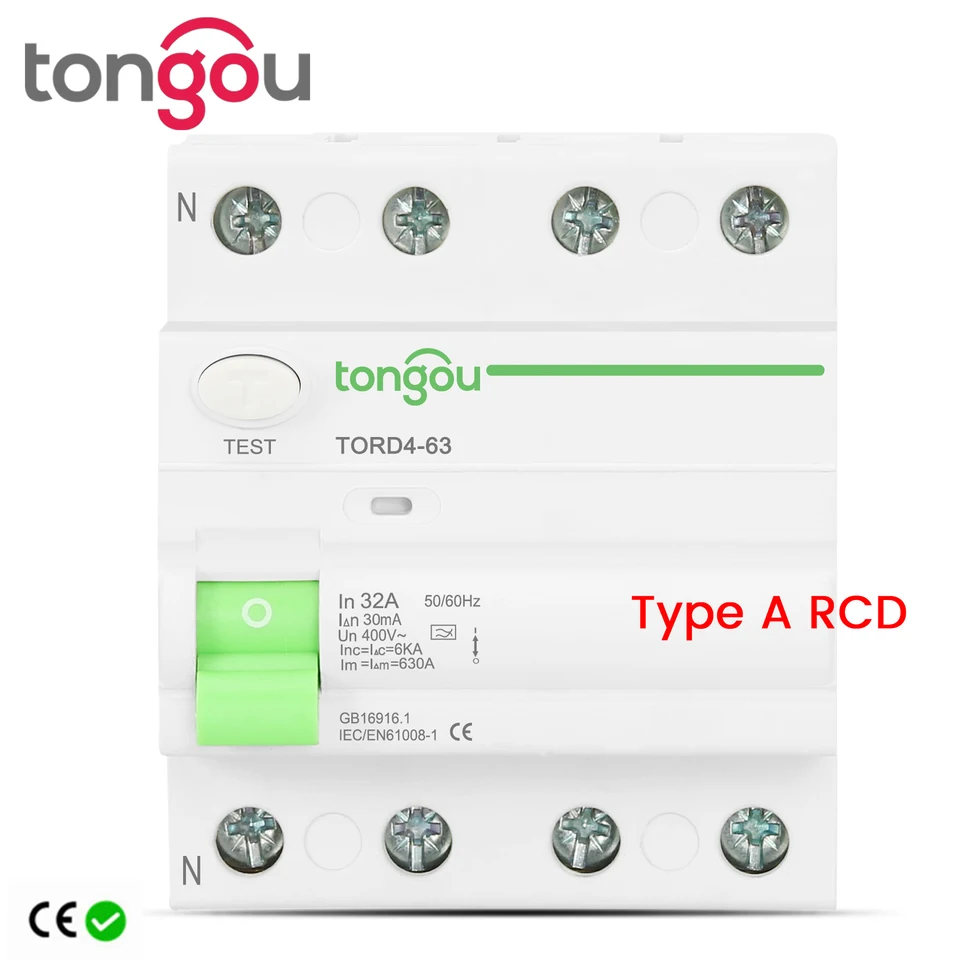 Elektromagnetický zvyškový prúd RCCB typu A istič ELCB 4 pól 16a 25a 40a 63a RCD 30MA 100MA 300MA 6KA Tongou