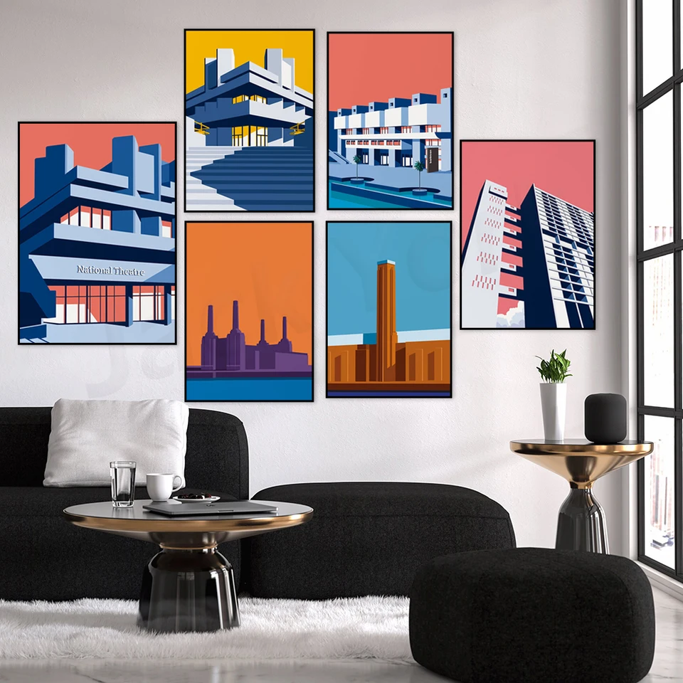 Elektronická stanica Battersea, Trellick Tower, Tate Modern, London Barbican Poster Print, brutalistická architektúra nástenné umenie