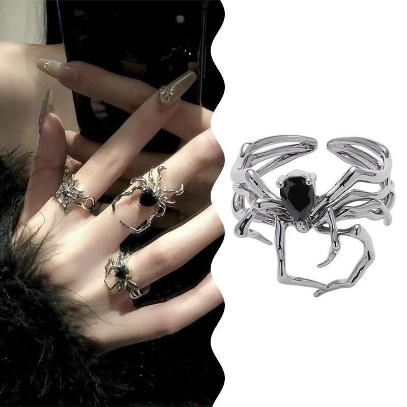 Elektroplatovanie čierneho srdca pavúk otváranie prstov prstov nepravidelný halloween punk gotický prsteň unisex party darčeky šperky