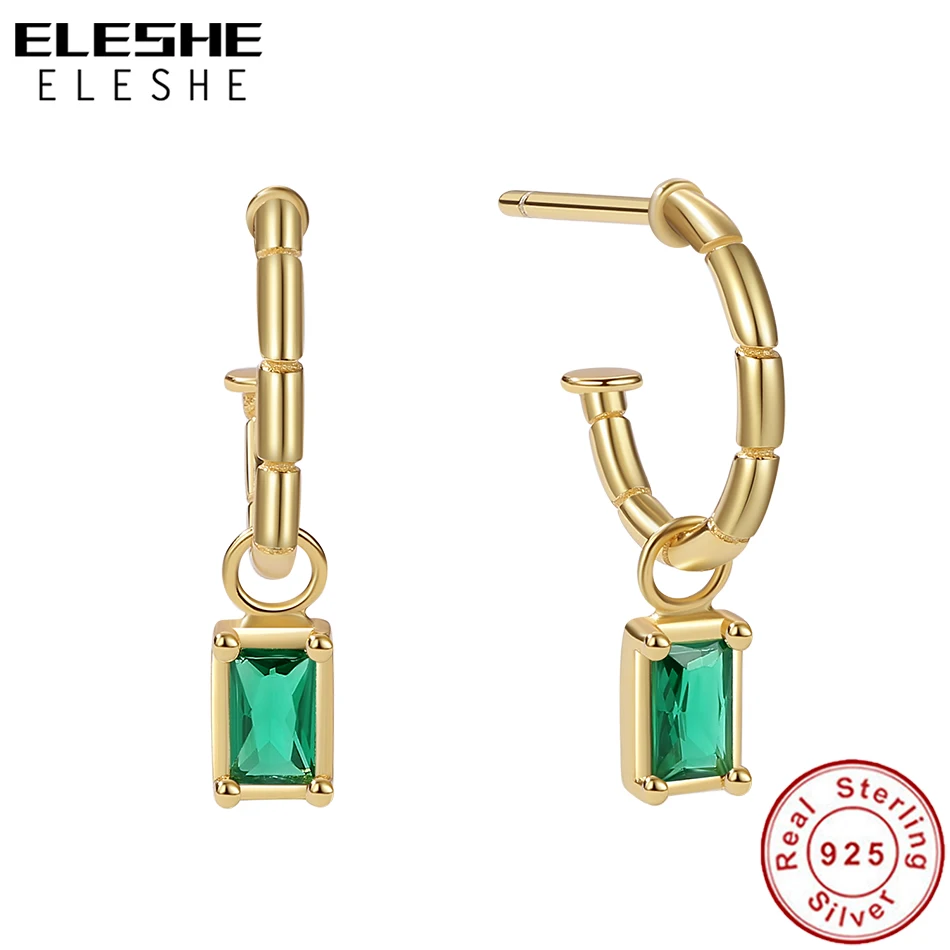 Eleshe 925 Sterling Silver Hoop náušnice bagety zelené CZ Dangle Hook náušnice pre ženy Party módne šperky doplnky