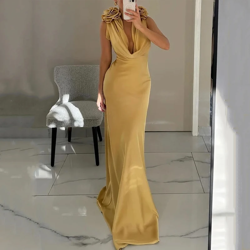 Ellafads Ženy Elegantné maxi šaty Solid Rukáv bez rukávov V krk s kvetinovou dekoráciou spätne šnupaný pás Slim Mermaid Dlhá šaty