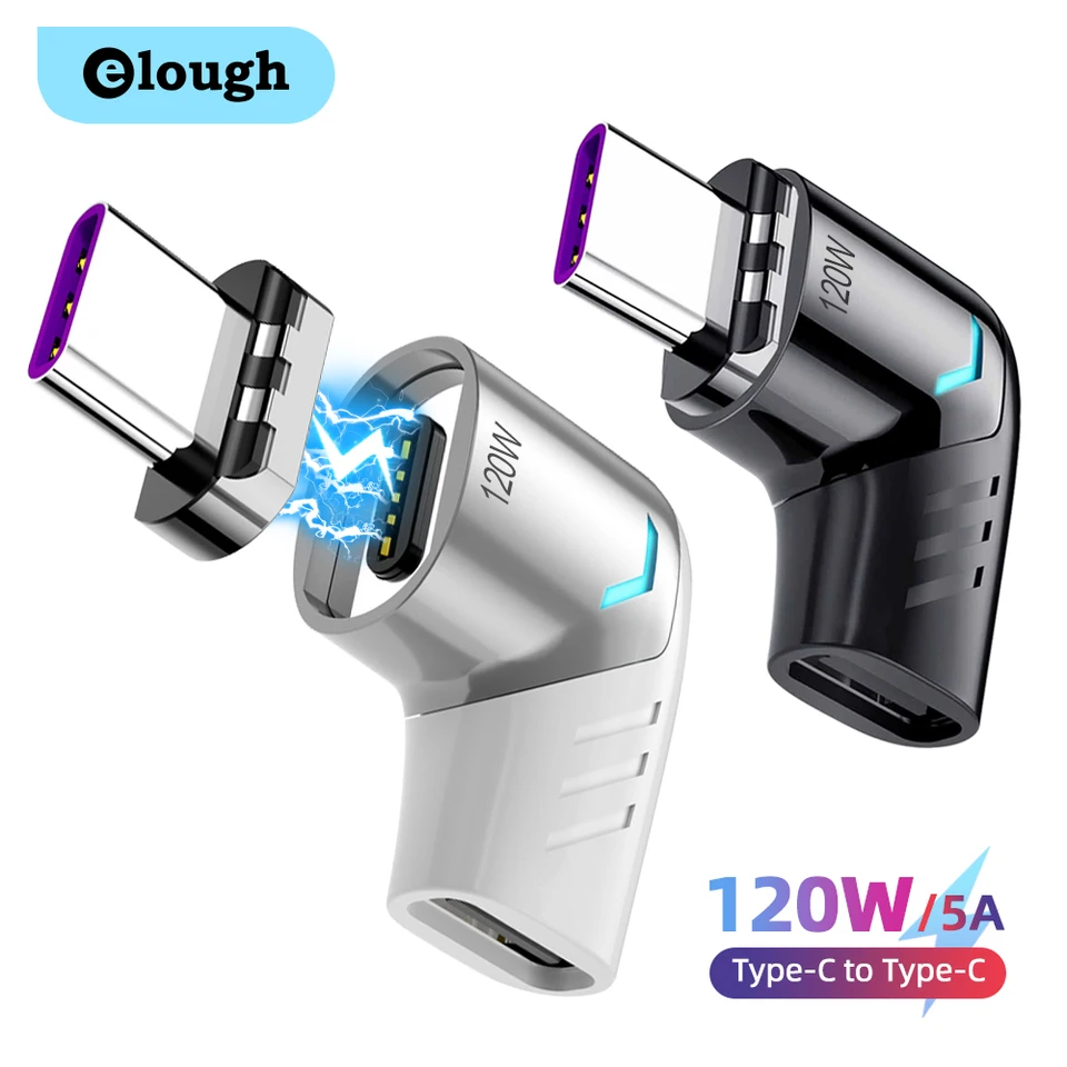 Elough 120W USB C na typ C Magnetický adaptér Rýchle nabíjanie USB Type C Adaptér Magnet prevodník pravého uhla USBC Type C Connector
