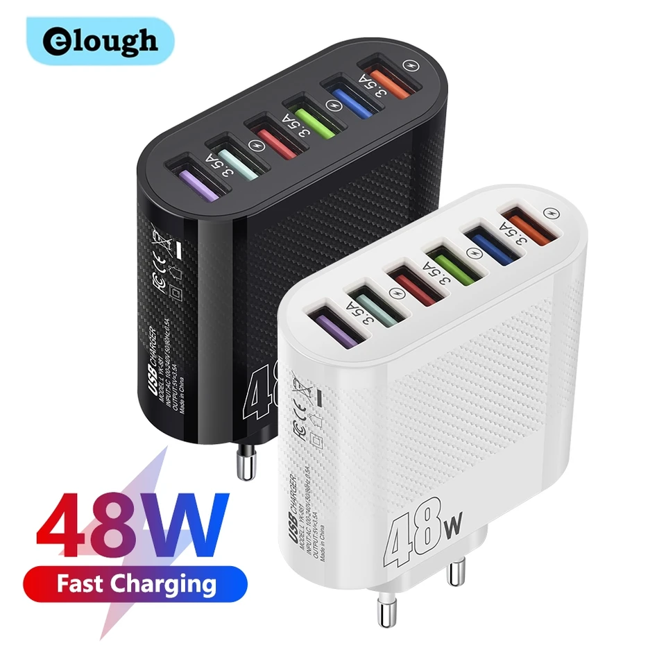 Elough 48 W 6 portov USB nabíjačka QC3.0 Rýchla nabíjačka mobilných telefónov pre Samsung S23 S22 Xiaomi iPhone 14 13 PD Wall Chargers EU Plug