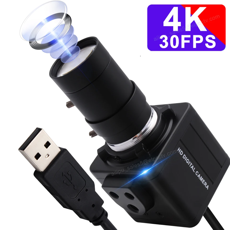 ELP 4K USB fotoaparát 30fps 3840x2160 UVC UVC IMX317 Senzor s 5-50 mm 10x šošovkami a zvukom, Mini USB Close-Up Camera