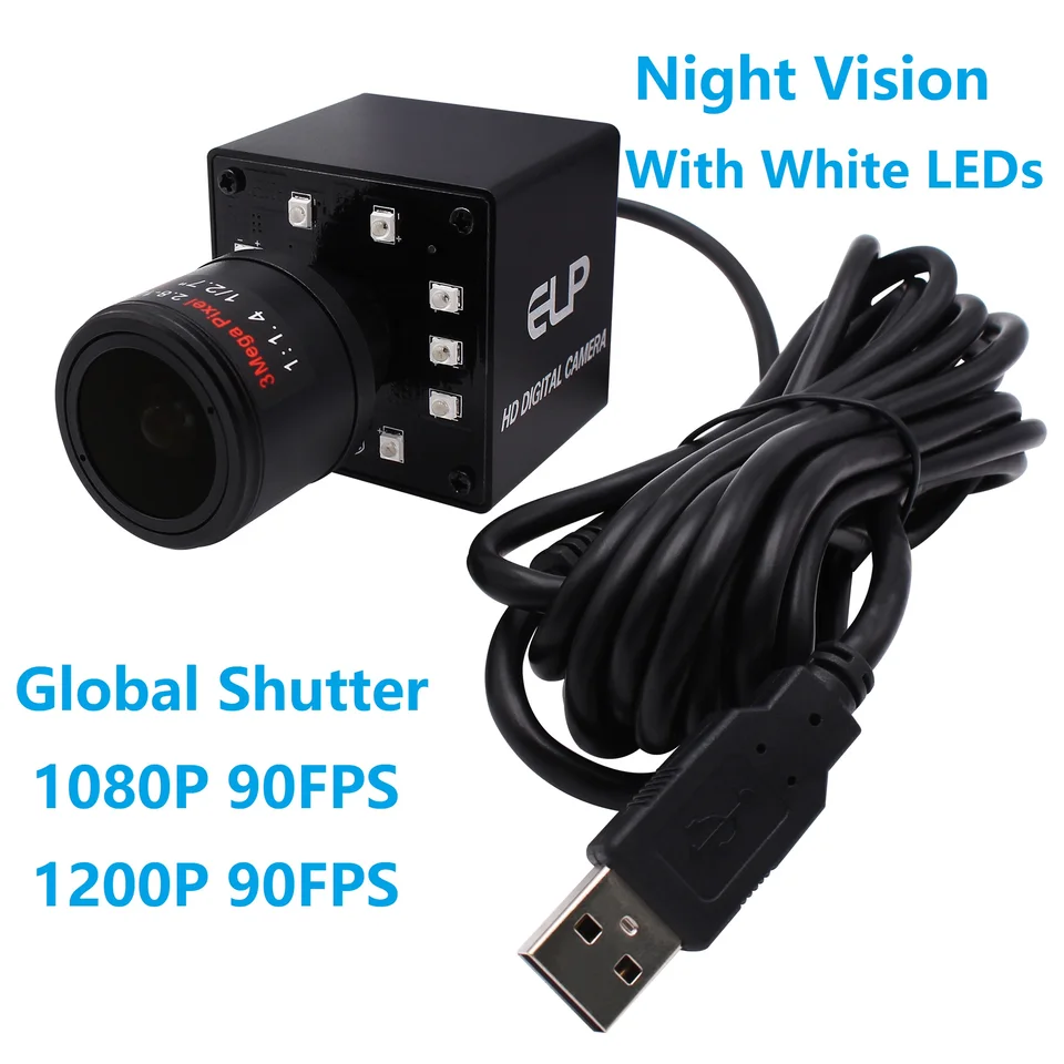 ELP Night Vision Color Global Shutter USB Webcam s bielym LED LED 1080p 90fps High -Speed ​​USB Camera pre tanec online výučba