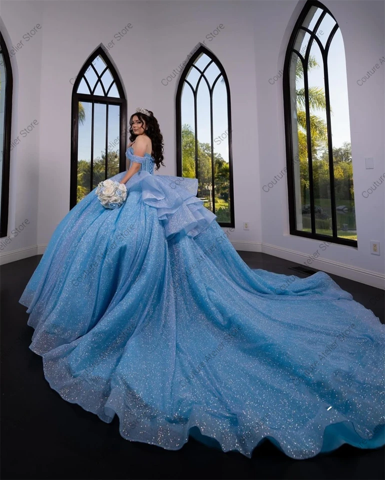 Elsa Blue Shinning z ramena quinceanera šaty loptičky Crystal Princess Corse Sweet 16 šaty svadobné šaty luxus