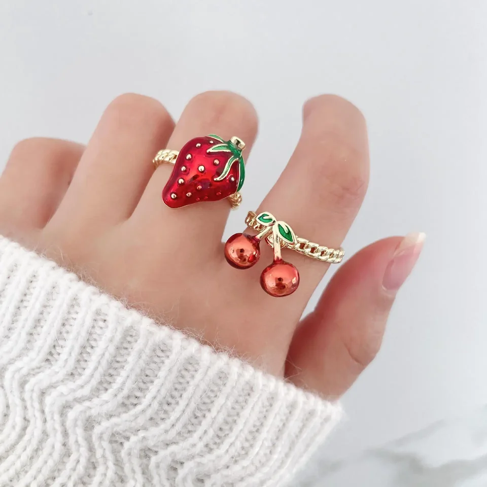 Emael jahodový čerešňový prsteň roztomilý nastaviteľný zlatý medený prstene pre ženy Bijoux femmes dievčatá jahodové šperky s čerešňami