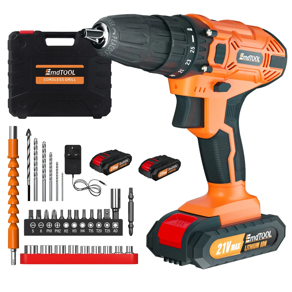 EMDTOOL ARDORLESS DRILL DRILL DRILL 21V Vŕtačka batérie Sada elektrických skrutkovačov, 25+1 nastavenie krútiaceho momentu, 2 rýchlosť, LED svetlo pre domov