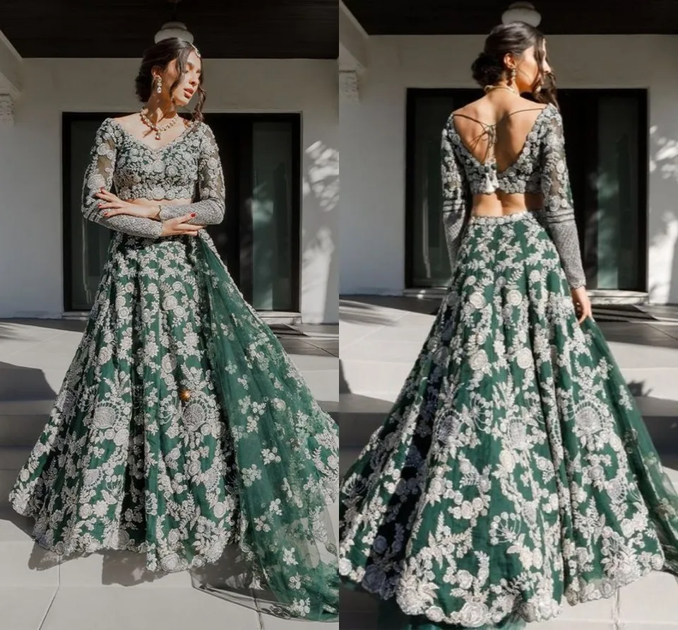 Emerald Green and Gold Lehenga Tradičné svadobné šaty s dlhým rukávom Indické dva kusy svadobné šaty na mieru Rove de Mariée