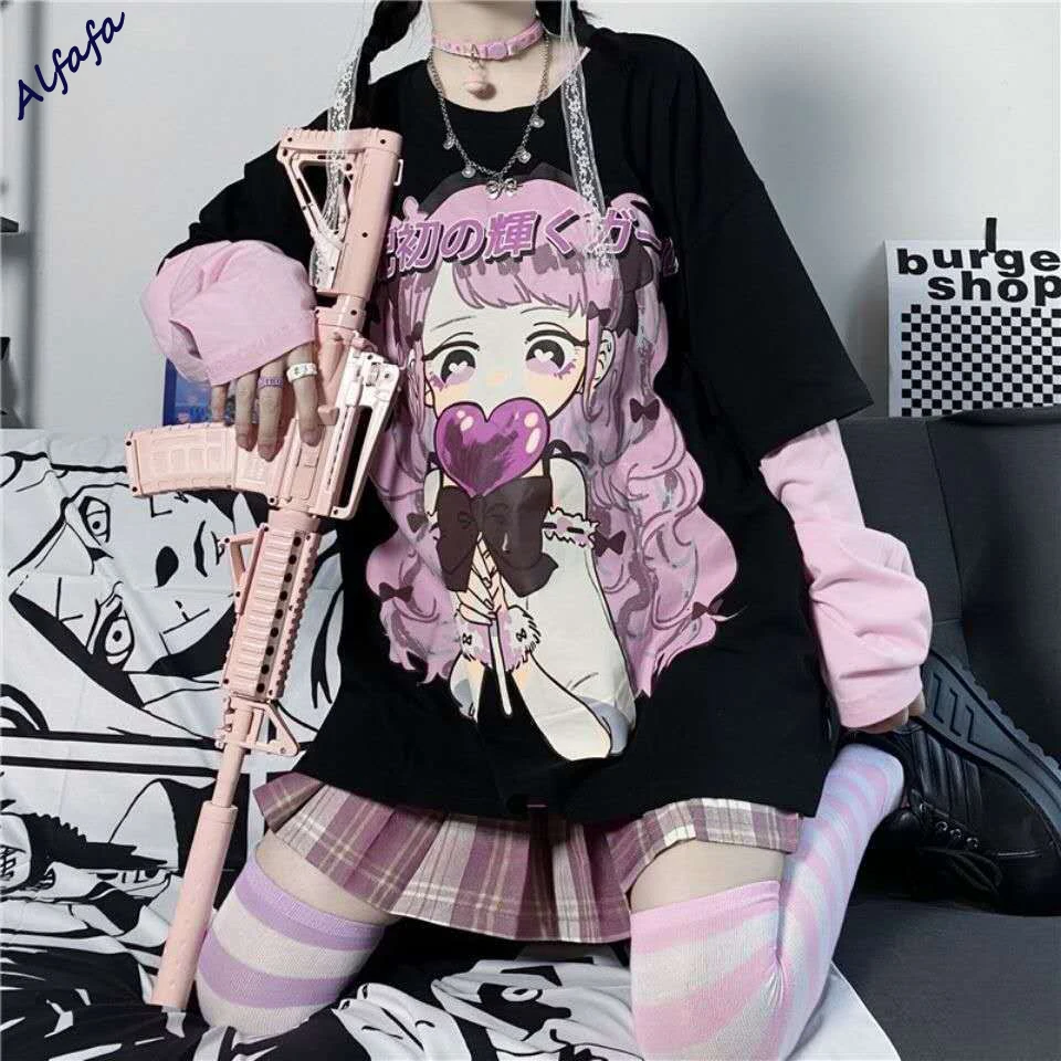 Emo Anime Tričko s dlhým rukávom Dámsky jar jesenná hip hop japonská voľba Top Top Kawaii mikiny mikiny e-dievča estetické