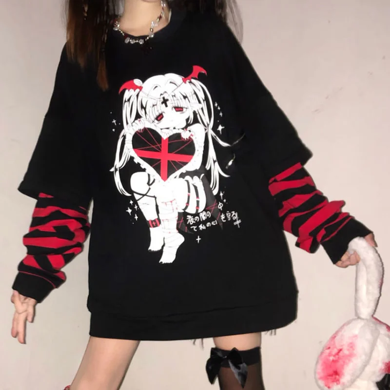 Emo štýl Ženy streetwear gotické anime mikiny punk s dlhým rukávom 2000. storočia Grafické odpaliská y2k víla grunge goth egirl alt oblečenie