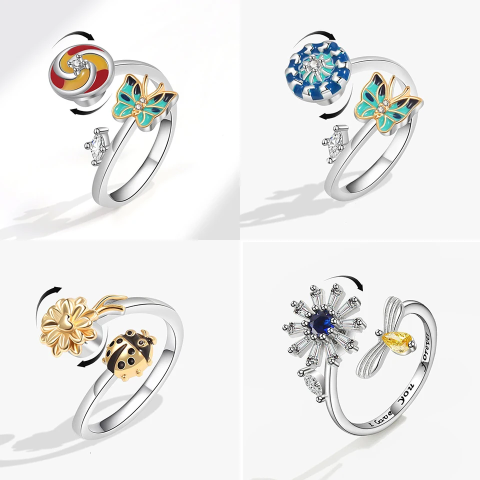 Enamel Butterfly Kvet Anti úzkosť relaxačný prsteň pre ženy Mini zvierací včelie Diamond spinning rotujúci prsteň Anillo Antiestres