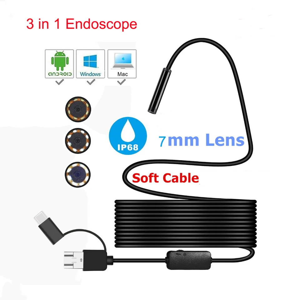 Endoskopový fotoaparát s 720p 720p 720p 7 mm 1m 2m 3 v 1 Android Camera Borescope pre inteligentný telefónny PC PC Otoscope Inspection Camera