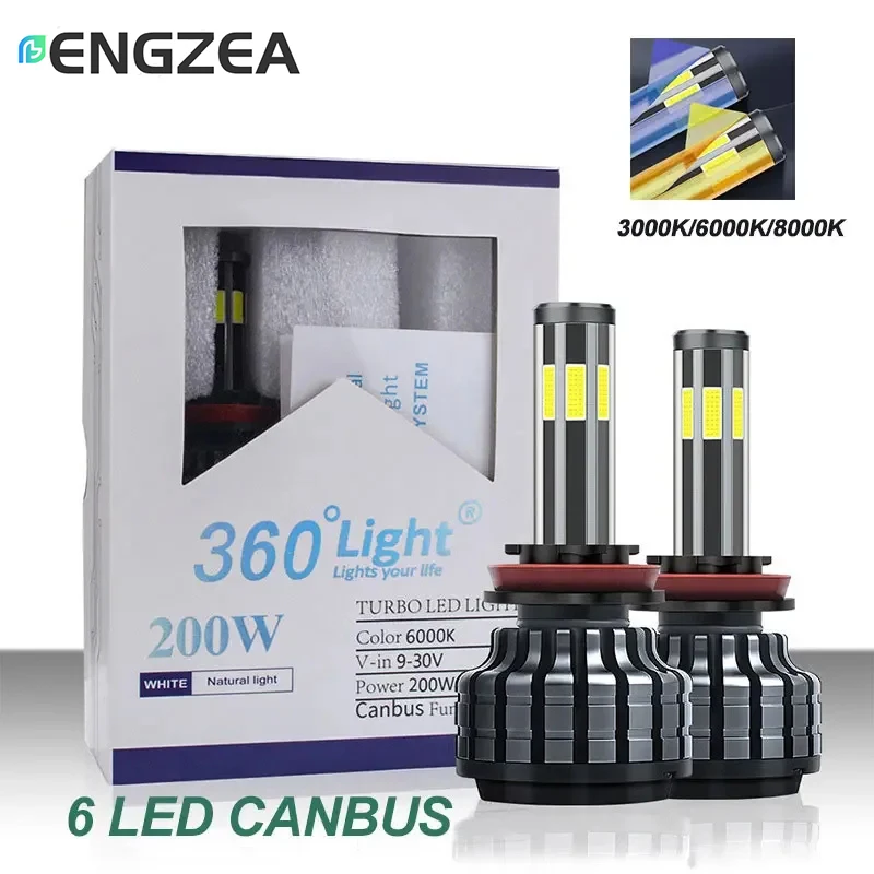 Engzea Car Light 6 Strana 200W 26000lm H8 H3 H7 H9 9006/HB4 9005/HB3 H4 H11 H13 H13 LED svetlomet Super jasné auto svetlo 12V.