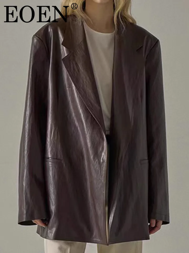 Eoen Pu Leather Vintage Blazer pre ženy vopred obojok s dlhým rukávom Patchwork vrecks