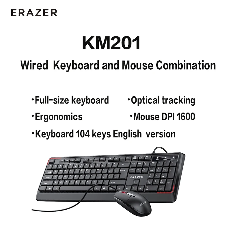 Erazer KM201 Kombinácia káblovej klávesnice a myši 104-kľúčová klávesnica 1600DPI ergonómia myši ergonómia plnej veľkosti Domáca klávesnica