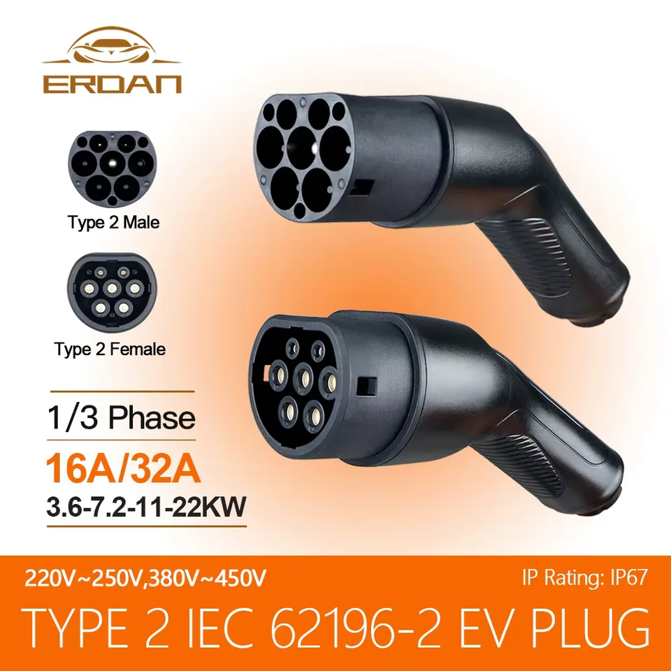 Erdan 16a 32A Typ 2 EVSE Žena nabíjačka EV Plug IEC 62196 Convertor EV nabíjačka na nabíjačku elektrického vozidla na nabíjaciu stanicu vozidla