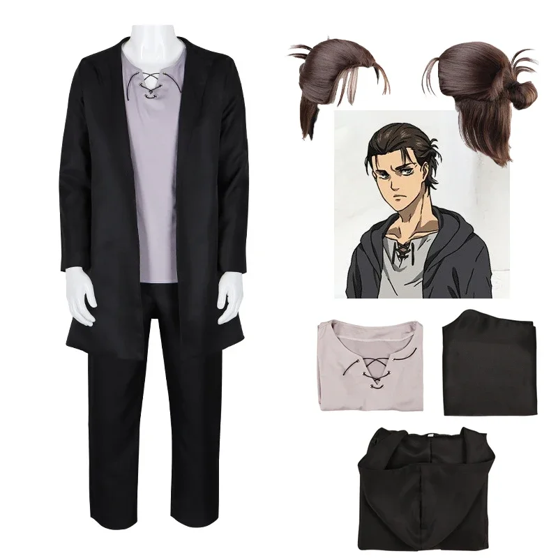 Eren Jaeger Cosplay kostým anime útok na parochňu Titan Halloween Eren Yeager Cosplay kostým čierny dlhý zákopový kabát dospelý