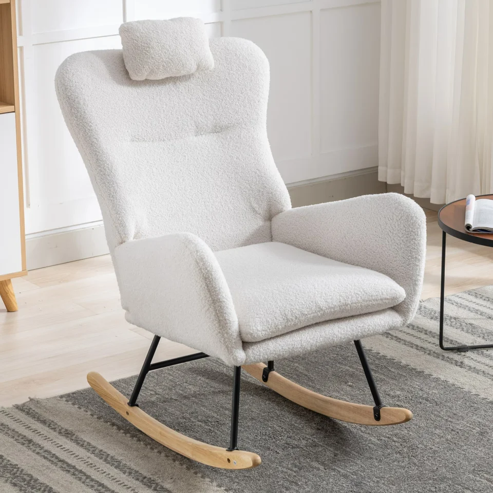 Ergonomické hojdacie kreslo s mäkkou plyšnou látkou, klzákom krídla pre škôlku, obývacej izby - Sturdy Drevená základňa, bočné vrecko, 250 libier