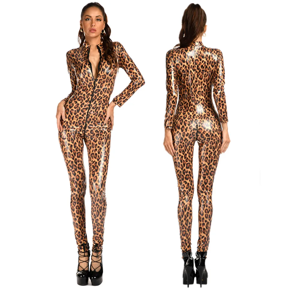 Erotická žena sexy rozkrokový leopard latex kombinézy s dvojitým zipsom Otvorené rozkroky BodySuit Elastic PU kožené spodné prádlo Catsuit