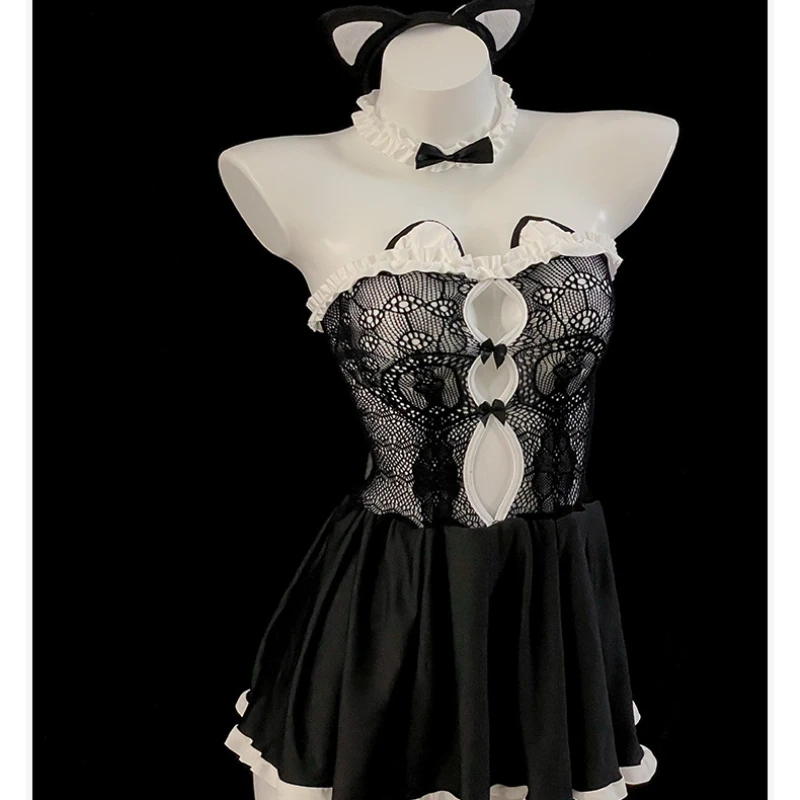 Erotické mačacie dievča spodné prádlo slúžkové kostýmy Ženy sexy trubica Top čistá chrbát chrbát Split Sweet Bow Dutiny nočné košele anime cosplay šaty