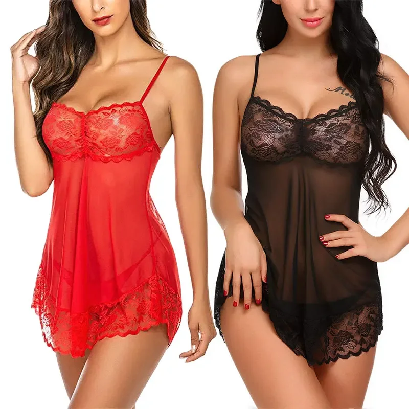 Erotické priehľadné čipkované šmykové šaty+G String Pozrite sa cez spánkové pyžamové čipky Lace Casy NightDress Sexy spodná bielizeň