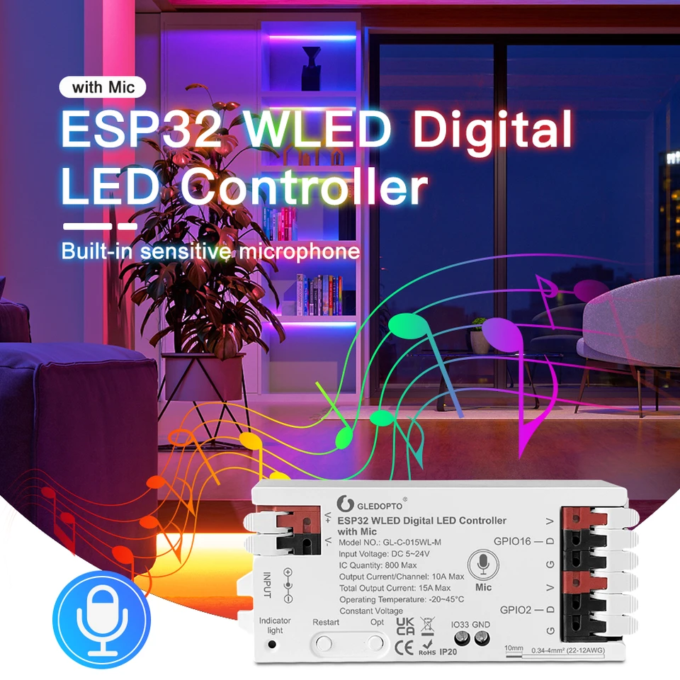ESP32 WLED LED radič MIC Microfón Dynamic RGB IC DIY APP WS2811 WS2812 SK6812 TM1814 WS2813 WS2815 Strip