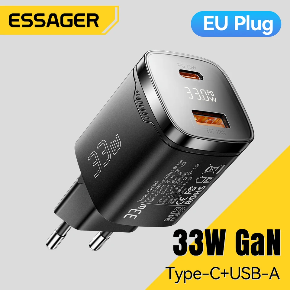 ESSAGER 33W GAN Charger USB Rýchle nabíjanie PD3.0 Digitálny displej USB TYP-C nabíjačka pre iPhone Xiaomi Samsung Huawei nabíjačku