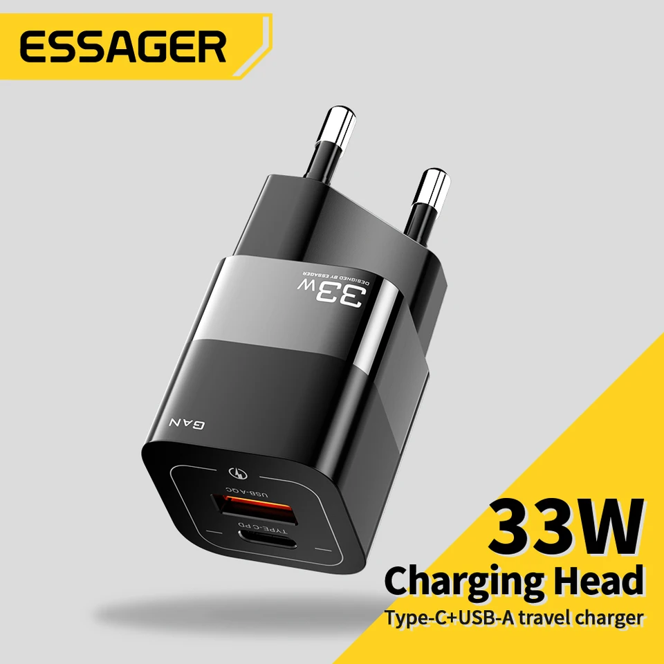 ESSAGER 33W GAN USB TYPY C PACKER QC4.0 PD3.0 Rýchle rýchle nabíjanie pre Xiaomi OnePlus Redmi Samsung Huawei Mobile Phones nabíjačka