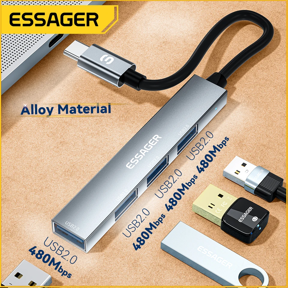 ESSAGER 4 v 1 USB C HUB USB 2.0 Vysokorýchlostný splitter adaptér Multifunkčný expandér pre prenosný počítač Office Hub Type C Hub