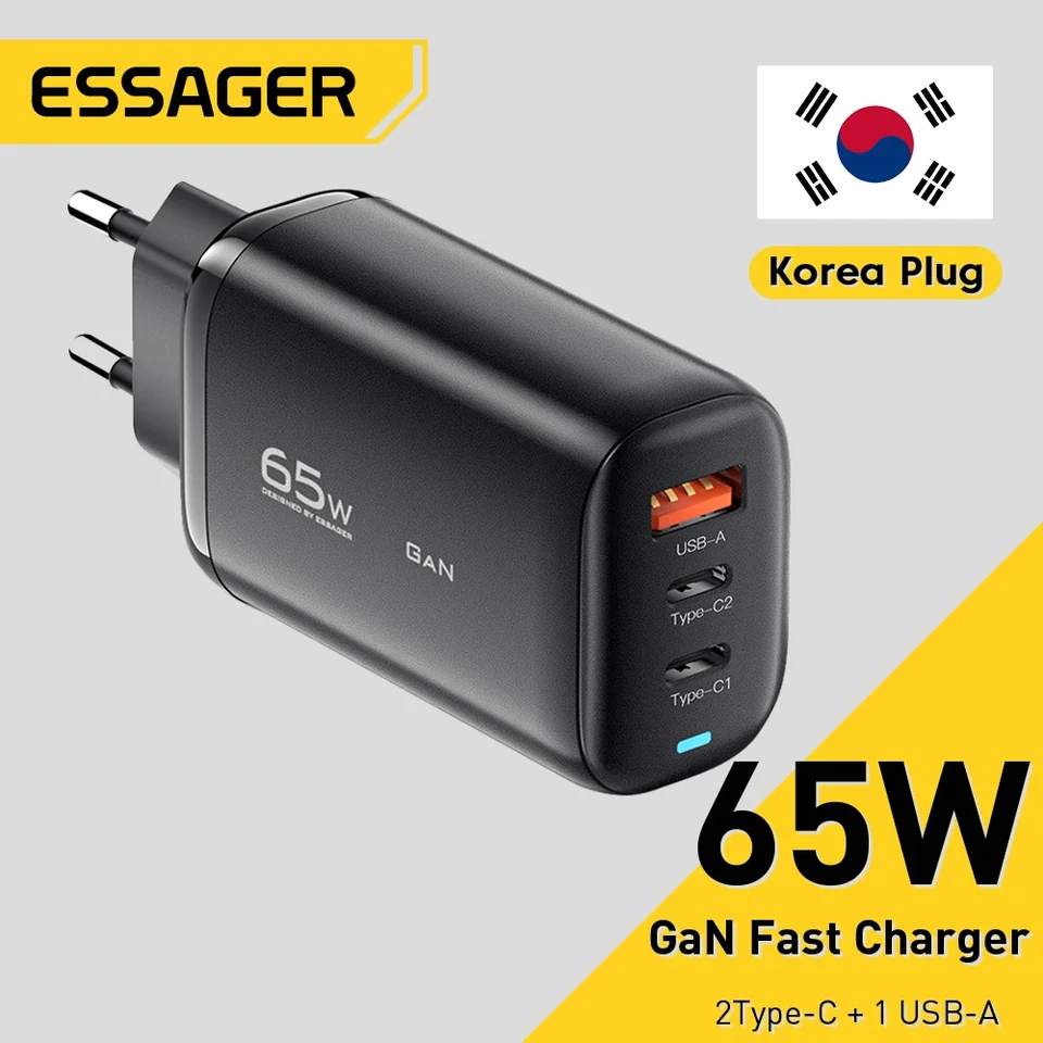 ESSAGER 65W Kórea zástrčka USB Typ C Gan nabíjačka pre notebook PD Rýchle nabíjanie pre iPhone 14 13 12 Pro MacBook Samsung Charge Adapter