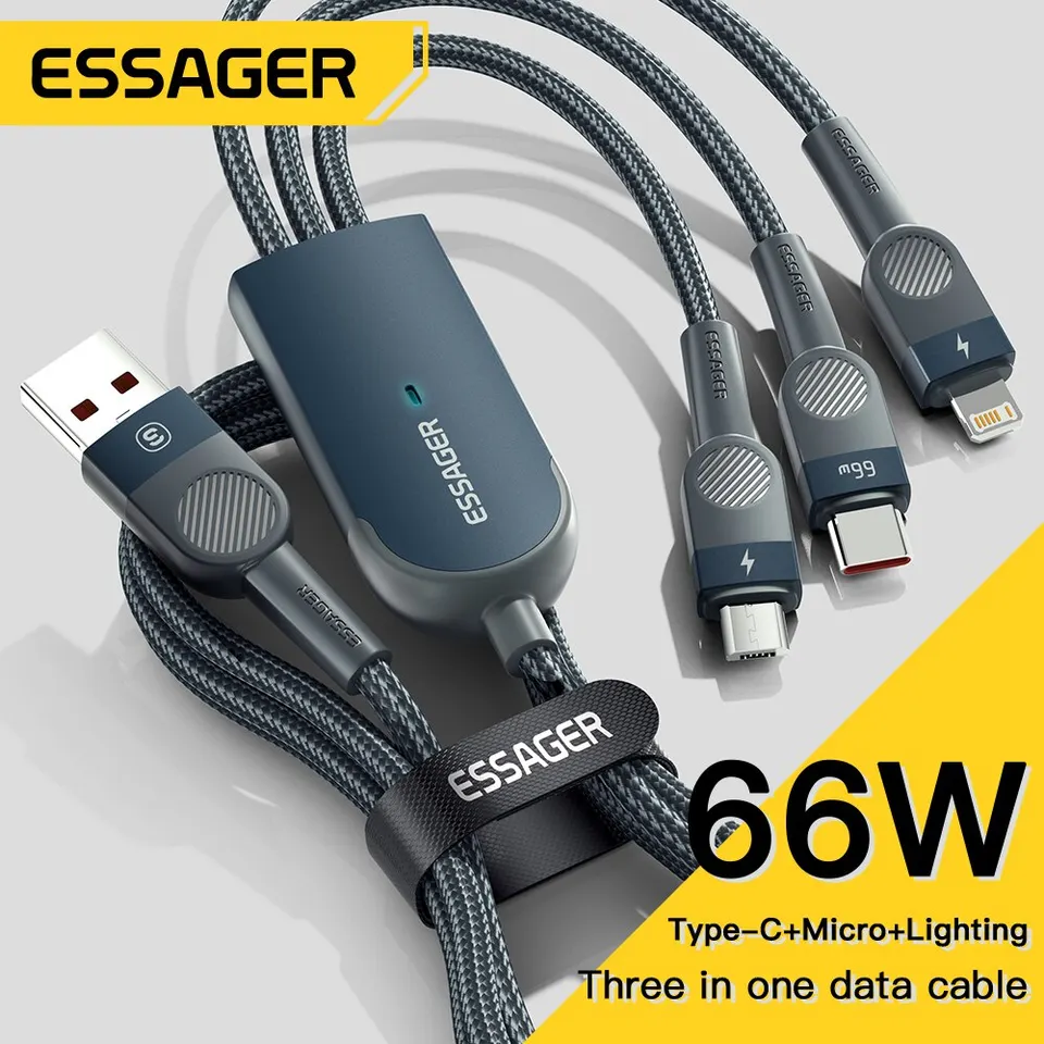 ESSAGER 6A 66W 3 v 1 USB C kábel pre iPhone 14 13 nabíjačka micro USB Typ C Rýchly poplatok pre dátový kábel Samsung Xiaomi Huawei Poco