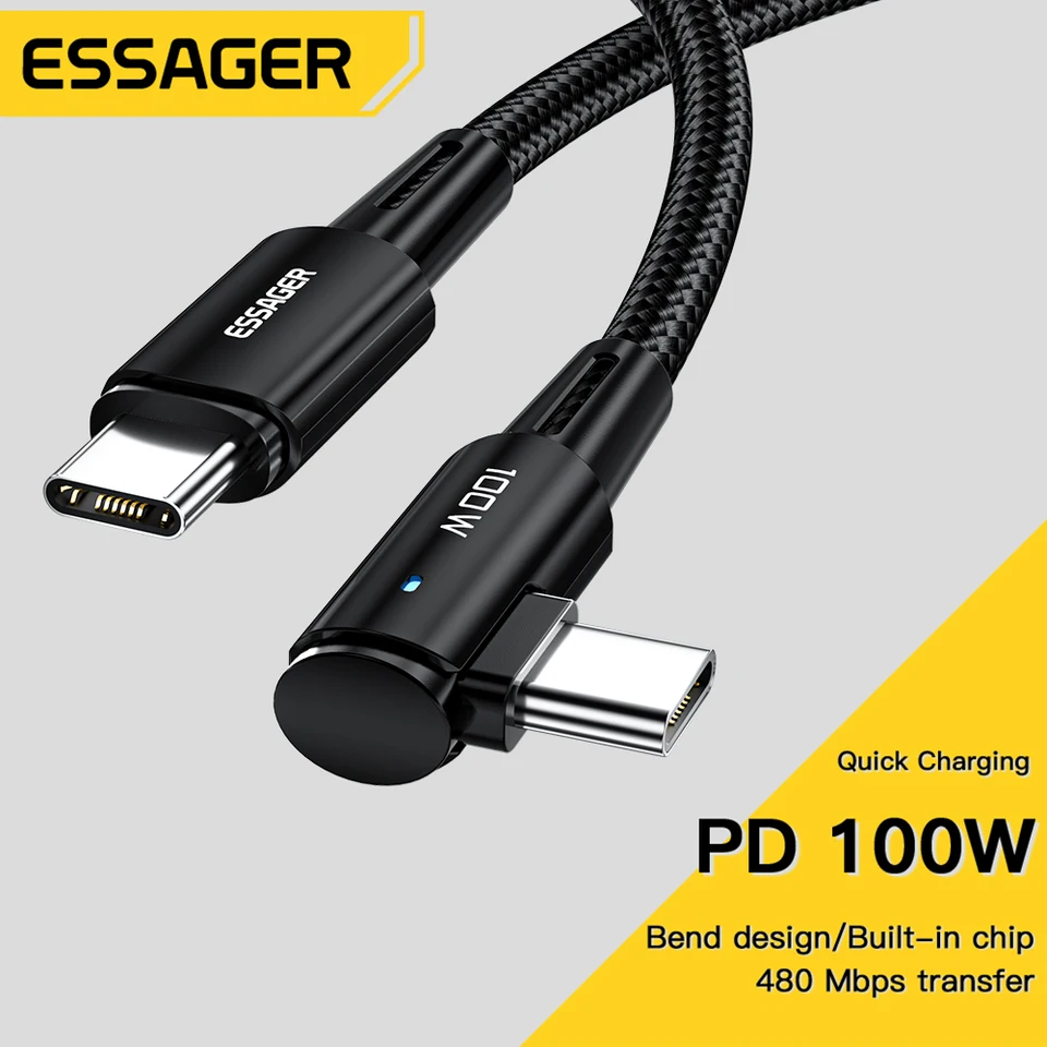 ESSAGER USB C TYPE C KABUM PD100W Fast Charger 90 -stupňový uhlový nabíjací káble drôt pre iPhone 16 Samsung Huawei MacBook iPad