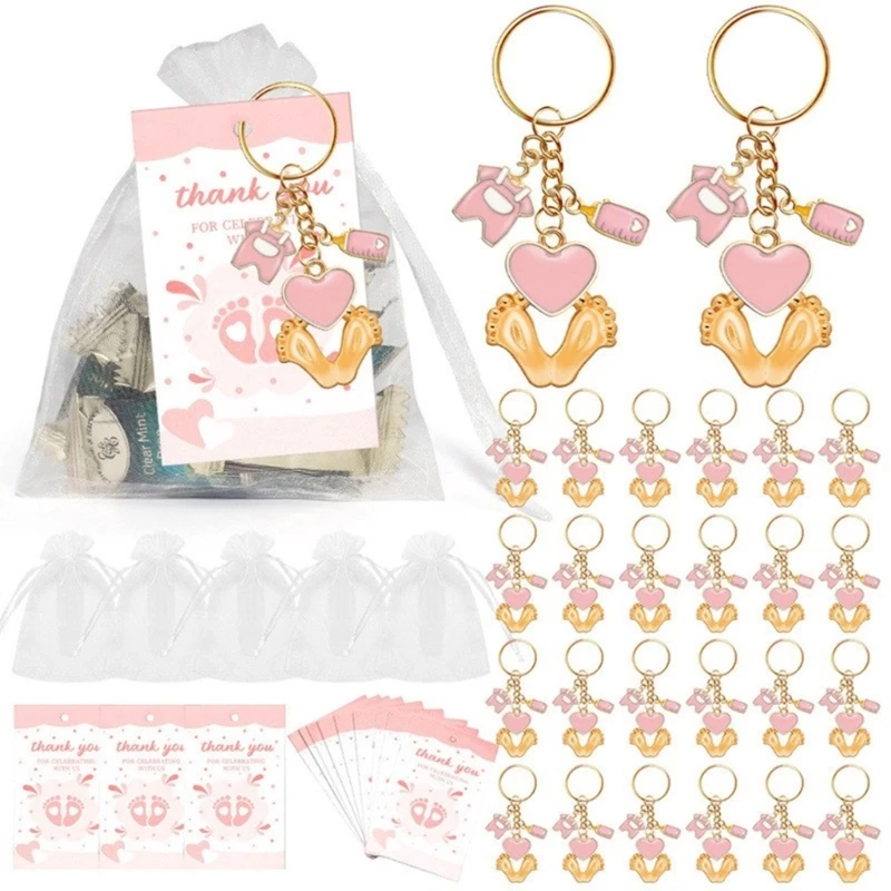 Essential Baby Shower Party Dodávky stopy kľúče súprava s organzovými taškami a poďakovanie karty za párty dekorácie