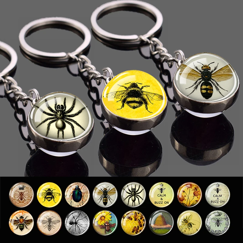 ESSPOC Nature Insect Vyhlásenie sklenená guľa Kľúčenka Žiaraná v tmavej móde kráľovná včela Spider Glass Glass Dome prívesky Klávesnice