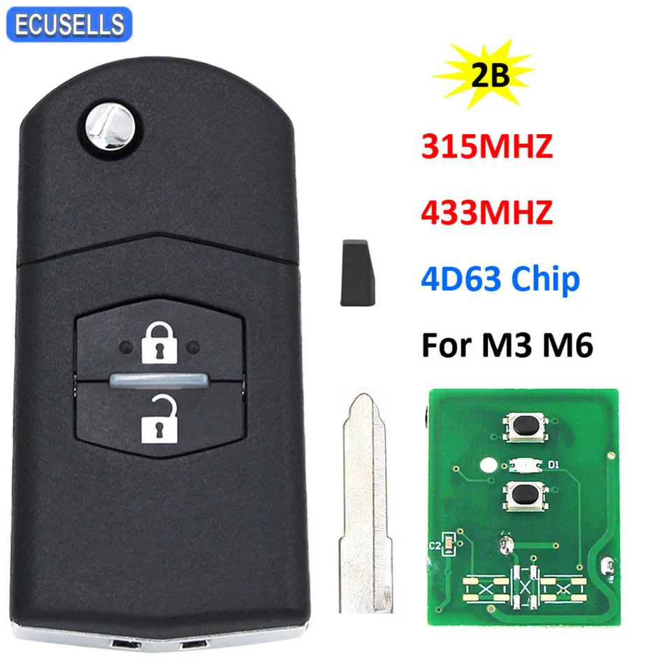 ESUSELLS 2 Skladanie Skladacieho kľúča SMART AUTOM FLOW DREH Diaľkový kľúč FOB 315 MHz alebo 433 MHz pre Mazda 3 6 m3 m6 s 4d63 čipom nezostrihaným čepeľou
