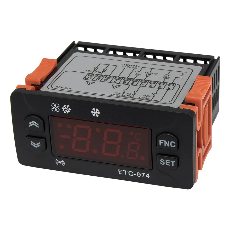 ETC-974 teplotný regulátor s funkciou alarmu ventilátora chladenia a dvoma senzormi AC 220V 110V AC/DC 12-24V