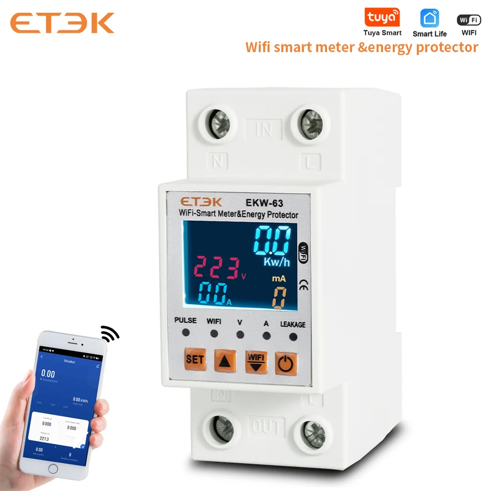 Etek WiFi Smart Life Circuit Zem únik tuya cez napätie chrániča reléového zariadenia nastaviteľná energia kwh meter