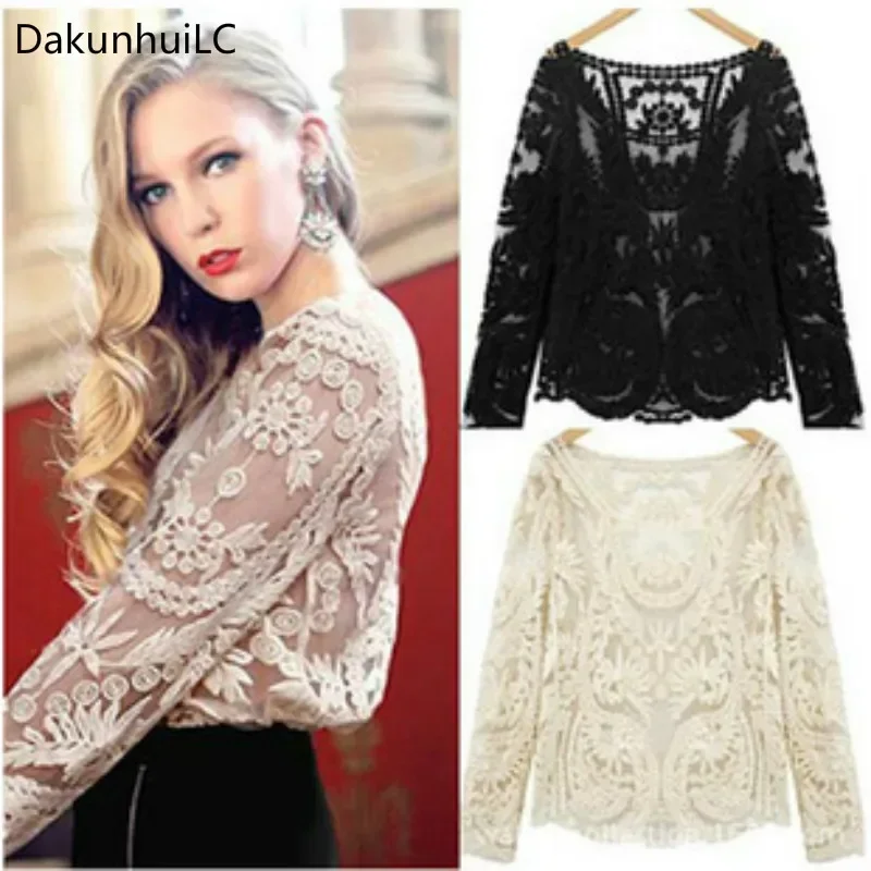 Etnická čipka Základná košeľa ženská dĺžka Slim Top Women Retro tenký letný košeľa Pullover Duthow Out Black Lace Blúzka
