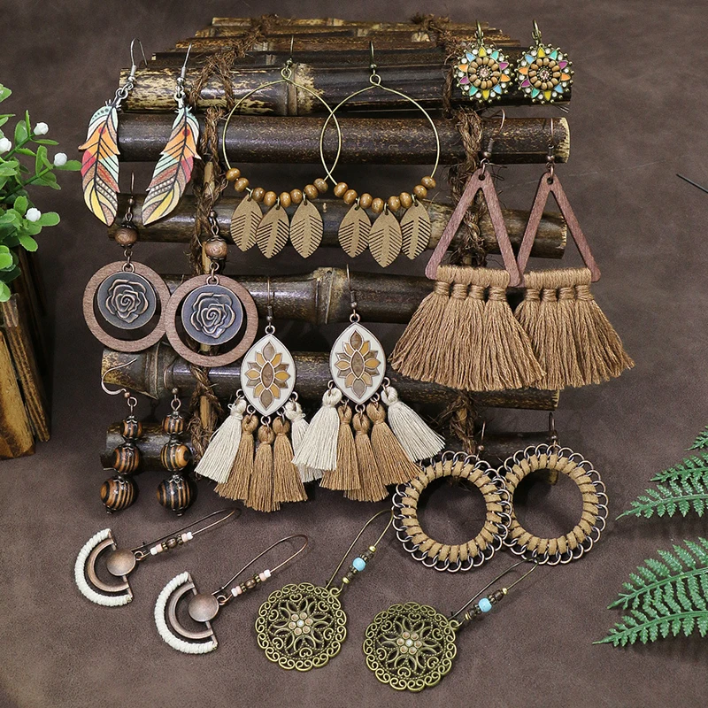 Etnické vinobranie české kvapky Danlge náušnice pre ženy Drevené drevené okrúhle geometrické kvetinové listy dlhé boho náušnice šperky
